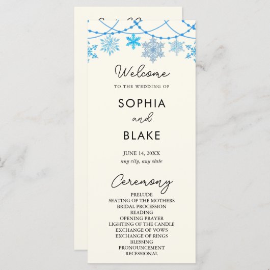 Hanging Blue Snowflakes Programme de mariage jaune (Devant / Derrière)