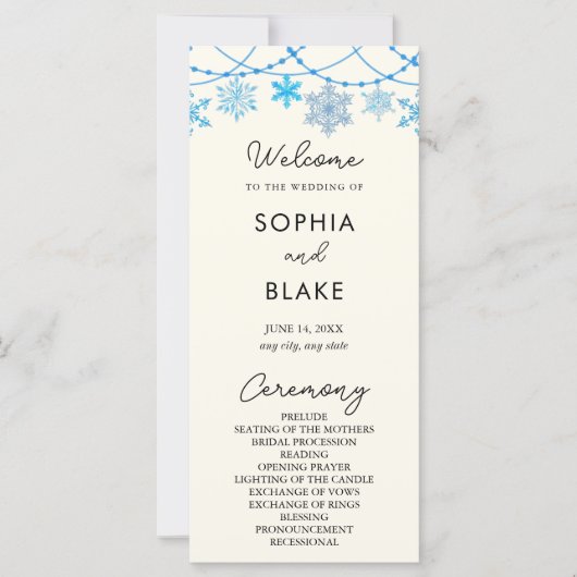 Hanging Blue Snowflakes Programme de mariage jaune (Devant)