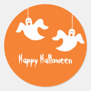 Hanging Ghosts Halloween-Stickers, Sinaasappel Ronde Sticker