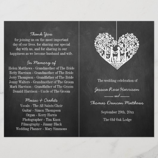 Hanging Heart Tree Chalkboard Programme de mariage (Devant)