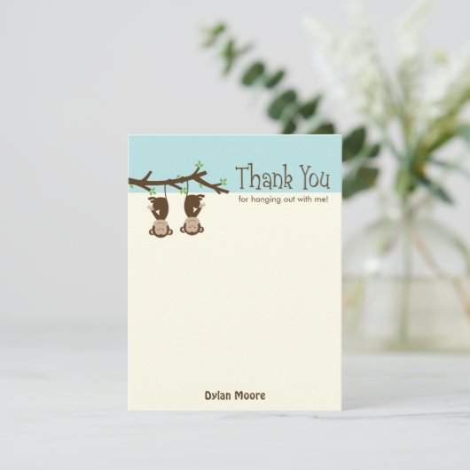 Hanging Monkeys Thank You Card - Blauw Bedankkaart (Staand voorkant)