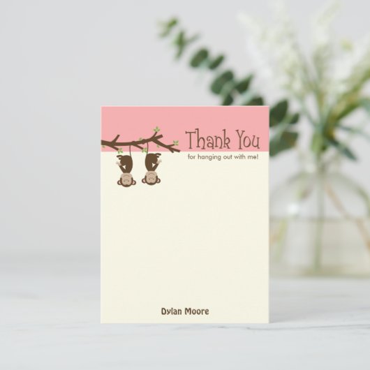 Hanging Monkeys Thank You Card - Roze Bedankkaart (Staand voorkant)