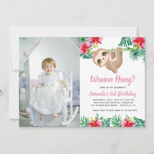 Hanging Sloth Girl Anniversaire Photo Invitation (Devant)