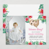 Hanging Sloth Girl Anniversaire Photo Invitation (Devant / Derrière)