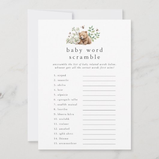 HANNAH Woodland Baby shower Word Scramble Game Kaart (Voorkant)