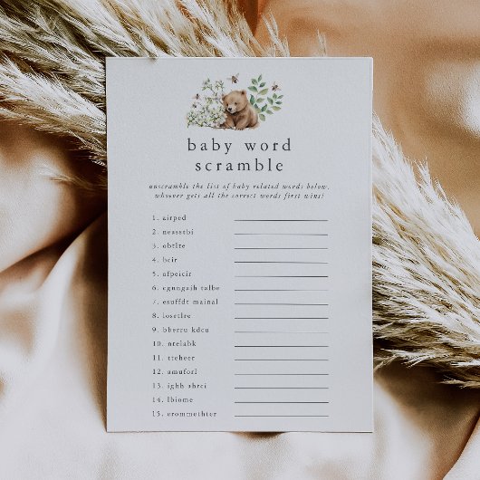 HANNAH Woodland Baby shower Word Scramble Game Kaart
