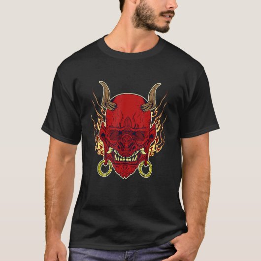 Hannya Traditionele Japanse demon Oni Masker Red T-shirt (Voorkant)
