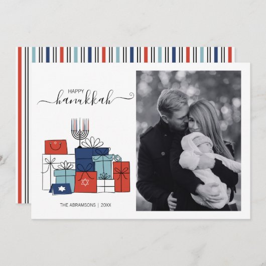 Hanoukka Cadeaux & Menorah Carte photo de vacances (Devant / Derrière)