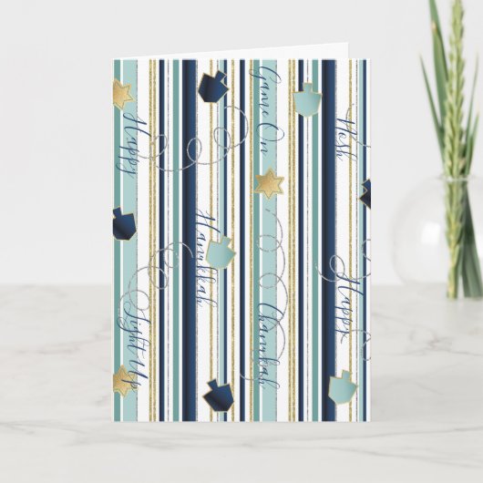Hanoukka Cartes de voeux Dreidels n Stripes (Devant)