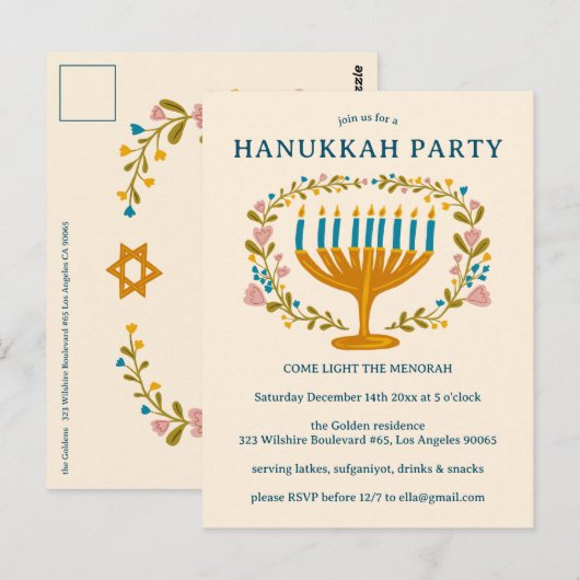 HANOUKKA PARTY Invitation couronne florale CUSTOM (Devant / Derrière)