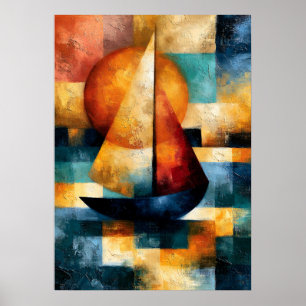 Hansen Sunset Voyage Japanse Geometrische Zeilboot Poster