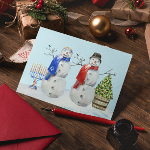 Hanukka en Kerst Sneeuwman Aquarel Feestdagenkaart