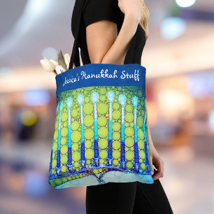Hanukkah Blauw Groen Menorah Aangepaste Naam Trend Tote Bag