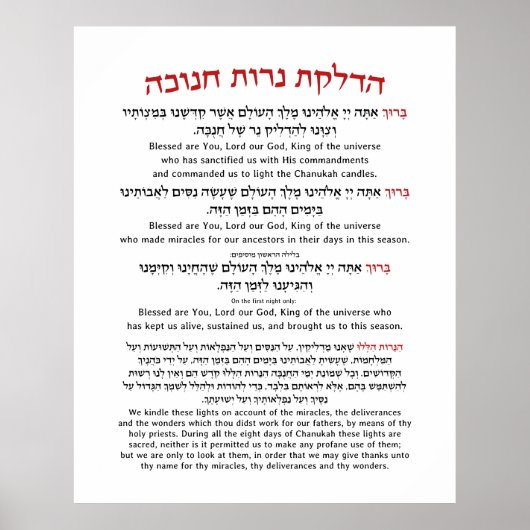 Hanukkah Blessings Hebrew English Lighting Candles Poster (Voorkant)