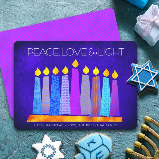 Hanukkah Blue Boho Pattern Candle Peace Love Light Feestdagenkaart