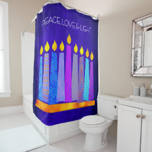 Hanukkah Blue Pattern Boho Candle Peace Love Light Douchegordijn