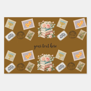 Hanukkah-cadeaupapierenset – Vintage stempel, boek Inpakpapier Vel