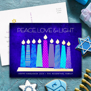 Hanukkah Candles Peace Love Light Blue Real Gold Folie Feestdagen Briefkaart