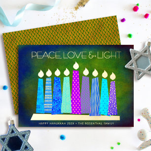 Hanukkah Candles Peace Love Light Green Real Gold Folie Feestdagenkaart