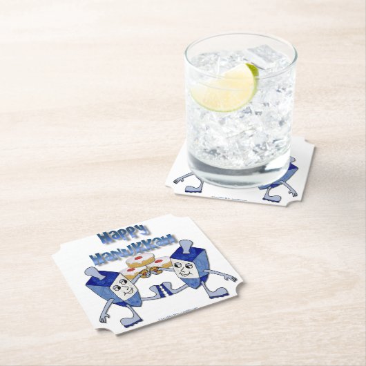 Hanukkah Dancing Dreidels en Jelly Doughnuts Kartonnen Onderzetters (Insitu)