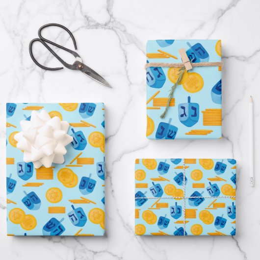 Hanukkah Dreidel Game Gelt Dark Blue Inpakpapier Vel (Voorkant)