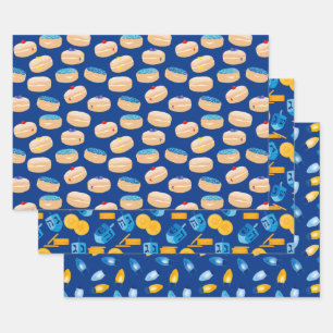 Hanukkah Dreidel, Gelt, Sufganiyot, String Lights Inpakpapier Vel