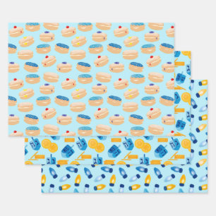 Hanukkah Dreidel, Gelt, Sufganiyot, String Lights Inpakpapier Vel