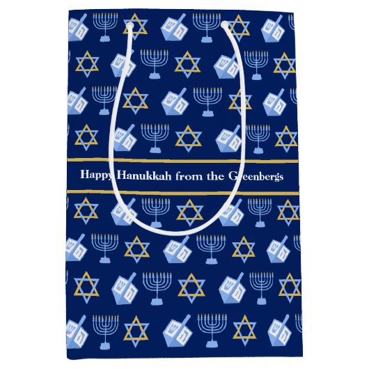 Hanukkah Dreidel Menorah Pattern Blue Custom Party Medium Cadeauzakje (Voorkant)