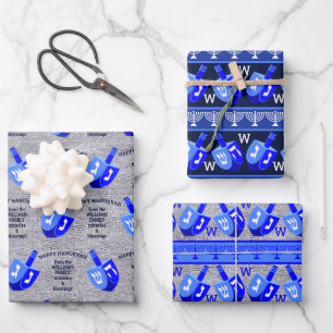 Hanukkah Dreidels Blue Monogram Assortment Inpakpapier Vel