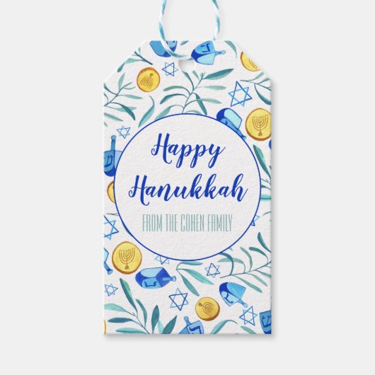 Hanukkah Driedel Gelt Waterverf Holiday Cadeaulabel (Voorkant)