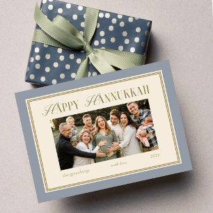 Hanukkah Familie Fotokaart Elegant Blauw Kaart