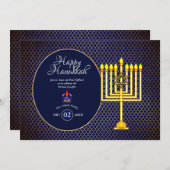Hanukkah-feest uitnodiging Blauw Goud Menora 3 (Voorkant / Achterkant)