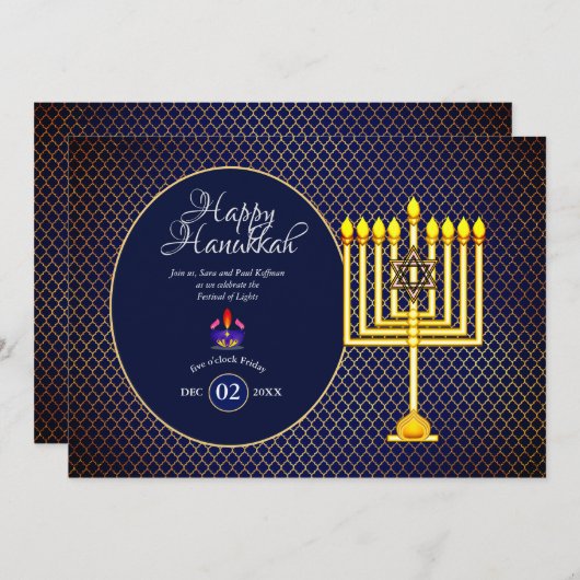 Hanukkah-feest uitnodiging Blauw Goud Menora 3 (Voorkant / Achterkant)