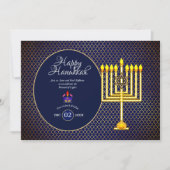 Hanukkah-feest uitnodiging Blauw Goud Menorah 3 (Voorkant)