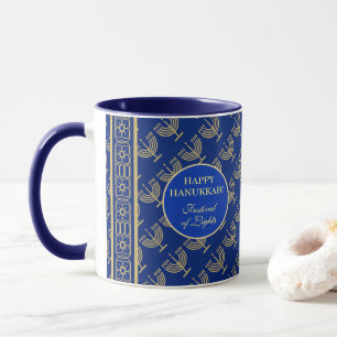 Hanukkah-festivalfeest gouden menora blauw patroon mok