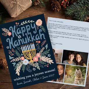 Hanukkah FLorals Hand-getrokken Art CUSTOM 4 FOTO Feestdagenkaart