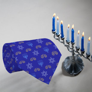 Hanukkah Gold Dreidel Ster van David Menorah Blue Stropdas