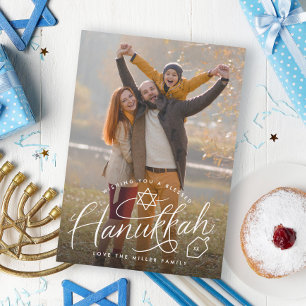 Hanukkah hand belettering foto feestdagenkaart