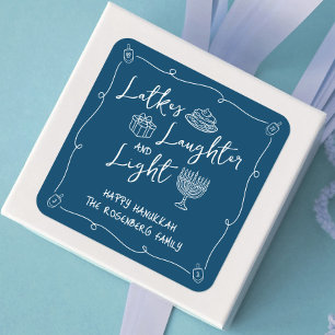 Hanukkah Latkes Lach Licht Lichtblauw Handgetekend Vierkante Sticker