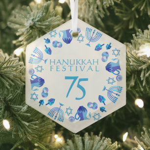 Hanukkah Lights Festival Jubileum 75th Blue Glas Ornament