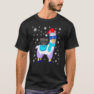 Hanukkah Llama Menorah Alpaca Santa Hat Kerstmis T-shirt