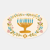 HANUKKAH Menorah bloemenkrans Joodse feestdag Ovale Sticker (Voorkant)