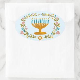 HANUKKAH Menorah bloemenkrans Joodse feestdag Ovale Sticker
