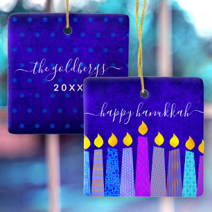 Hanukkah Menorah Candles op Blue Keepomwille Custo Keramisch Ornament