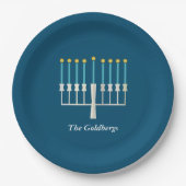 Hanukkah Menorah in Blue Custom Name Papieren Bordje (Voorkant)