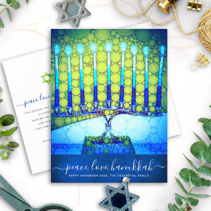 Hanukkah Modern Script Blauwe Groene Menora Stijlv Feestdagenkaart