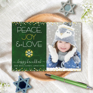 Hanukkah Peace Joy Love Snowflake Green Photo Flat Feestdagenkaart