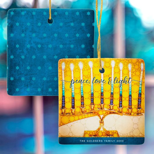Hanukkah Peace Love Light, Yellow Menorah Keepomwi Keramisch Ornament