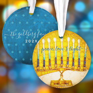 Hanukkah Peace Love Light Yellow Menorah Keepomwil Ornament