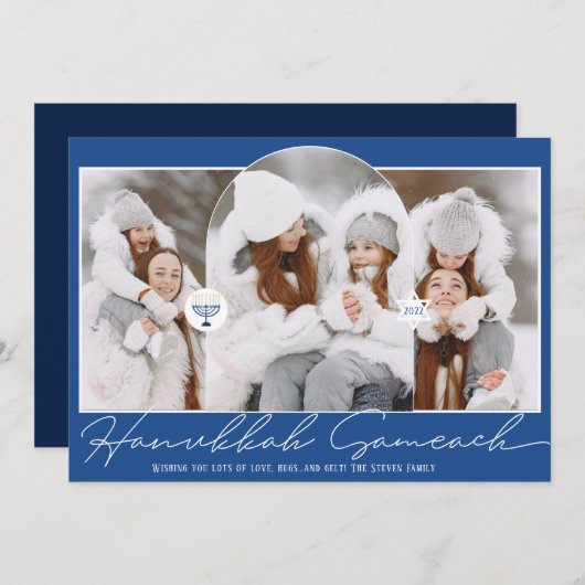 Hanukkah Sameach cool blue script menorah 3 foto's Feestdagenkaart (Voorkant / Achterkant)
